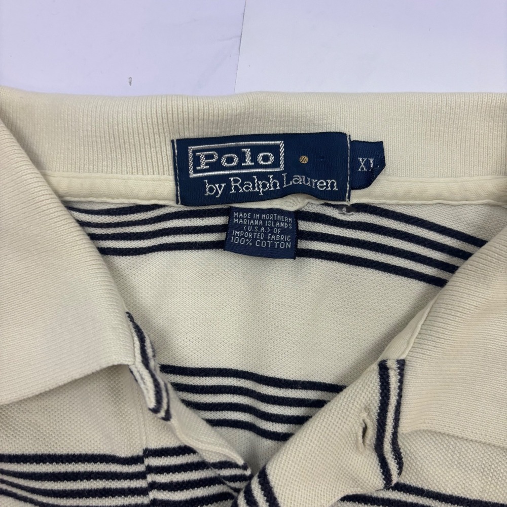 Polo Ralph Lauren Mens XL Cream Navy Blue Striped Pique Short Sleeve Polo Shirt - Picture 3 of 8